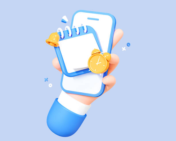 3D Hand holding mobile phone with calendar app. Alarm clock and bell notification. Meeting reminder. Planning concept. Cartoon creative design icon isolated on blue background. 3D Rendering 3d mano sosteniendo el teléfono móvil con la aplicación de calendario. despertador y notificación de timbre. recordatorio de reunión. concepto de planificación. icono de diseño creativo de dibujos animados aislado sobre fondo azul. renderizado 3d