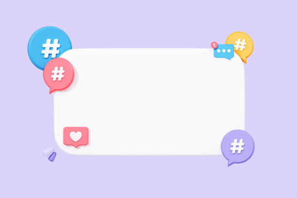 3D Speech bubble frame with Hashtag and Like. Social media promotion and marketing. Blank white popup. Message notification. Cartoon creative design isolated on purple background. 3D Rendering marco de burbuja de diálogo 3d con hashtag y me gusta. promoción y marketing en redes sociales. ventana emergente blanca en blanco. notificación de mensajes. diseño creativo de dibujos animados aislado sobre fondo púrpura. renderizado 3d