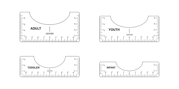 Set of t shirt alignment guides. Adult, youth, toddler, infant size templates. Rulers for centering clothing design. Sewing measurement tools with markup and numbers. Inches calibration