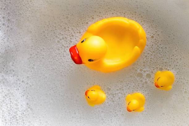 istock a rubber duck with three ducklings swims in the foam. View from above 1481595826