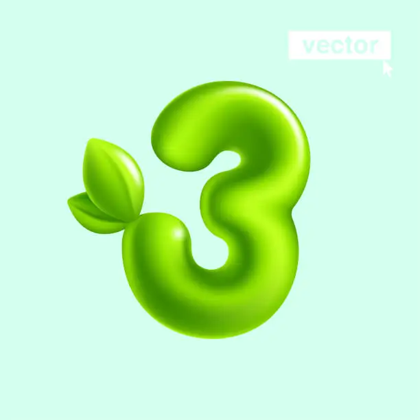 Vector illustration of Number 3 eco logo. Three sign with green leaves. 3D realistic and cartoon balloon style. Glossy vector illustration.