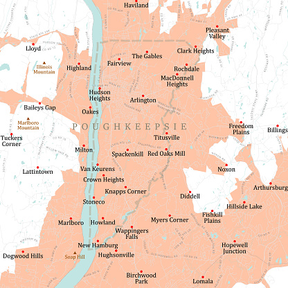 NY Dutchess Poughkeepsie Vector Road Map. All source data is in the public domain. U.S. Census Bureau Census Tiger. Used Layers: areawater, linearwater, roads, rails, cousub, pointlm, uac10. https://www.census.gov/geographies/mapping-files/time-series/geo/tiger-line-file.html