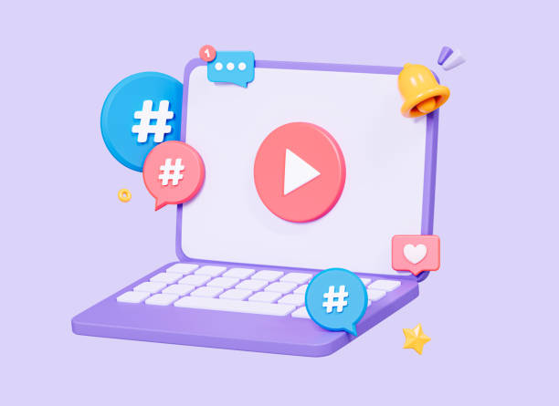 istock 3D Computer laptop with video play button and hashtag. Live streaming concept. Social media marketing. Online cinema player. Cartoon creative design icon isolated on purple background. 3D Rendering 1481596421