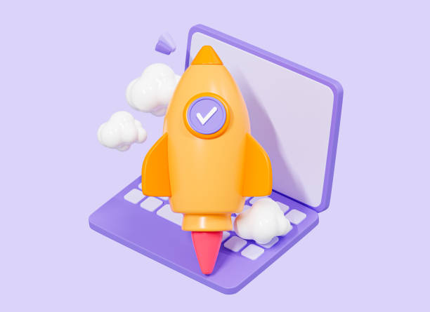 istock 3D Laptop with rocket. Startup and business concept. Spaceship launch. SEO optimisation and strategy. Space for business. Cartoon creative design icon isolated on purple background. 3D Rendering 1481596430