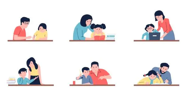 Vector illustration of Parents reading and support teaching child. Mother or teacher, family doing homework together. Adults explain to children, recent vector education scenes