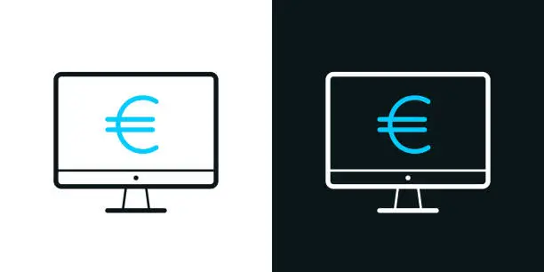 Vector illustration of Desktop computer with Euro sign. Bicolor line icon on black or white background - Editable stroke