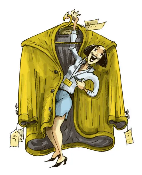 Vector illustration of Shop Assistant Girl Holding Clothes Hanger