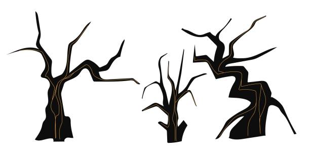 illustrations, cliparts, dessins animés et icônes de ensemble de vecteurs d’arbres morts, écorce d’automne effrayante, silhouette de branche nue sèche, forêt effrayante d’halloween. kit bois de chêne d’hiver de cimetière, clipart de tronc sans feuilles sur racines nues blanches. icône d’envir - tree silhouette branch bare tree