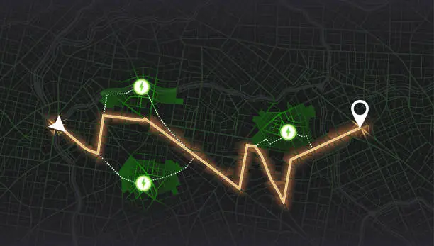 Vector illustration of Location tracks dashboard. Path turns and destination tag or mark. Huge city top view. Tracking path and route planning from home to office. Determining location on the plan of abstract city.