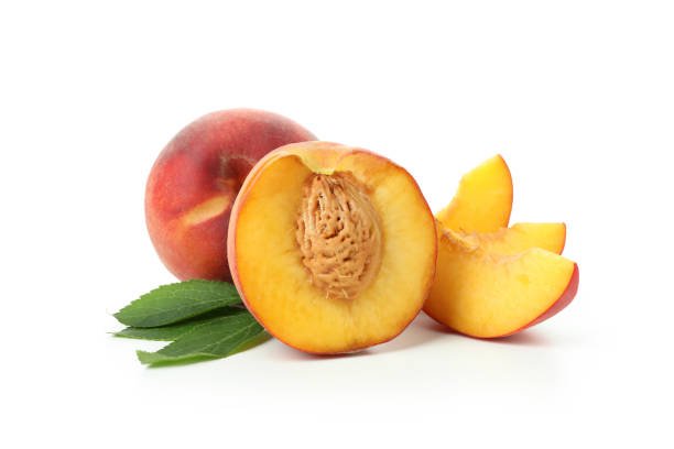istock Ripe peach fruits isolated on white background 1481606909