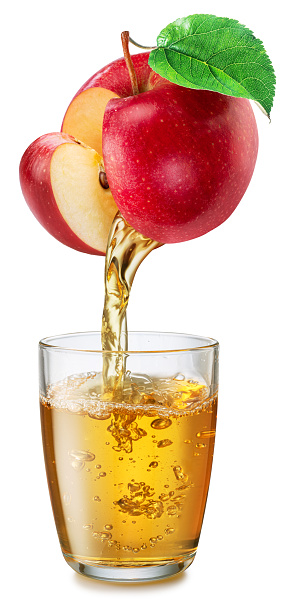 Glass of apple juice and juice pouring from red apple, isolated on a white background.