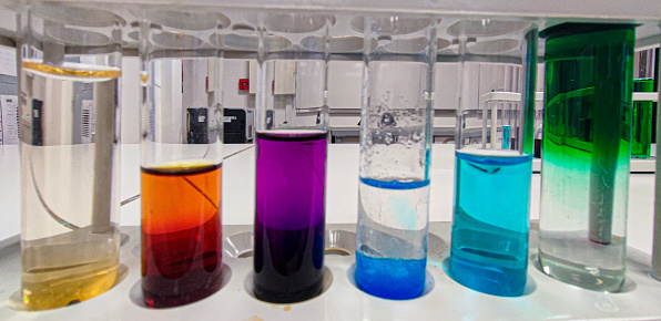 Different colors of chemical solutions in science class