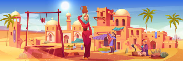 alte arabische stadt mit alten häusern in der wüste - egypt islam cairo mosque stock-grafiken, -clipart, -cartoons und -symbole