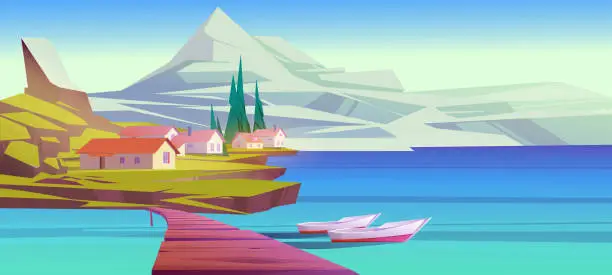 Vector illustration of Mountain landscape with lake and houses