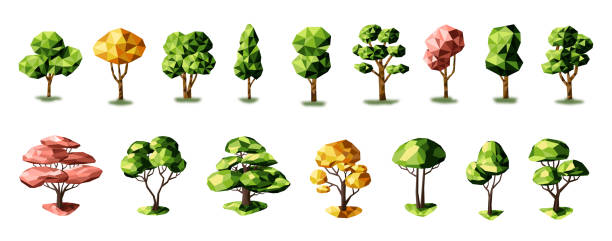 istock Set of low poly trees, bushes, and stones. Geometric 3D trees. Entourage elements for the landscape design. Vector. 1481610198