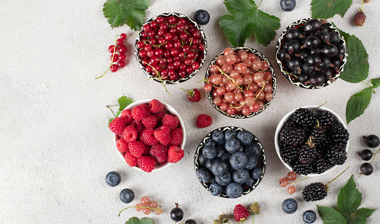 Summer vitamin food concept, set of various berries - blueberry, raspberry, blackberry, red white and black currant in bowls, Top view