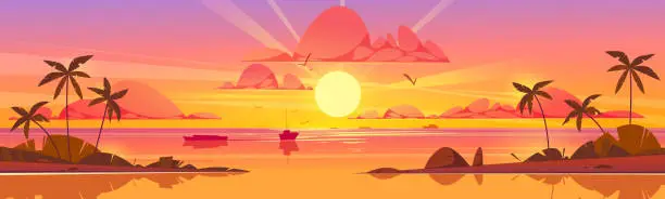 Vector illustration of Sea sunset background. Palm on island beach