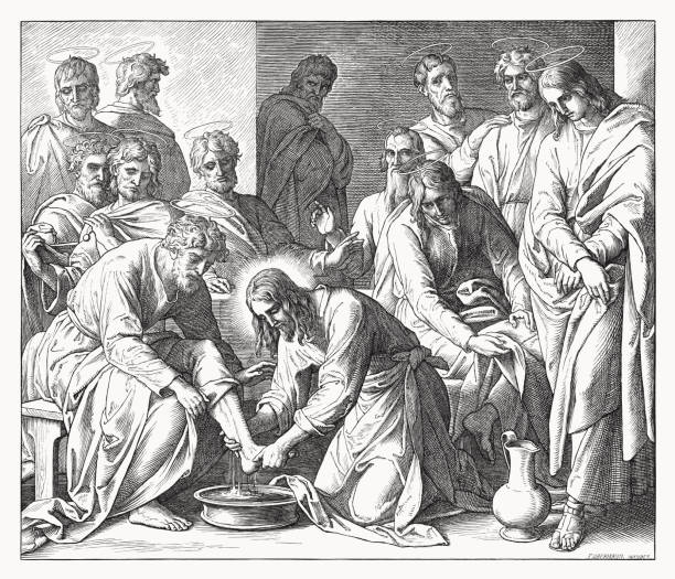 ilustrações de stock, clip art, desenhos animados e ícones de washing the disciples’ feet (john 13), wood engraving, published 1860 - apostle
