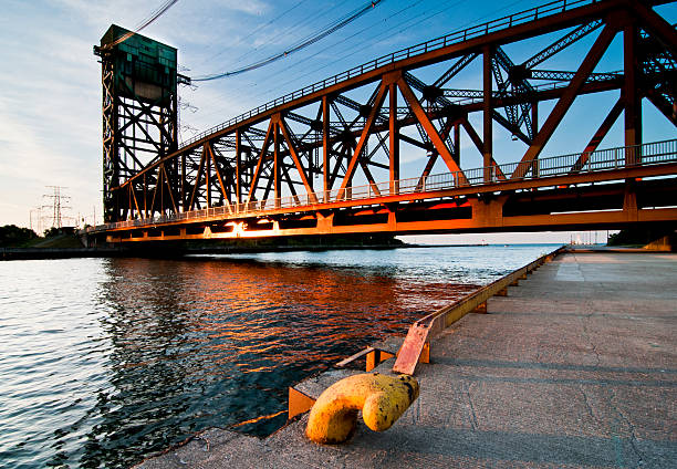 harbour with lift bridge in sunset