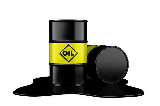 Two black metal barrels with yellow oil symbol illustration on spilled oil, isolated on white background. 3d render.