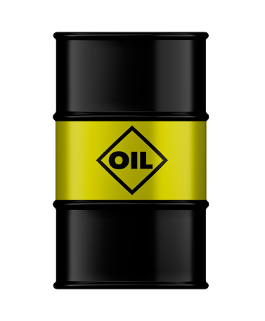 Black metal barrel with yellow oil symbol illustration, isolated on white background. 3d render.
