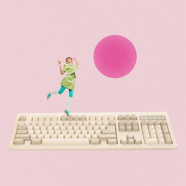 Contemporary modern design about young stylish woman dancing on computer keyboard. Concept of creativity, art, fashion, vintage objects