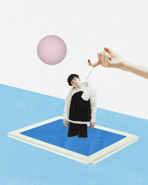 Creative collage, modern design about little boy and tablet. Abstract female hand extracting boy from contemporary gadget. Concept of smartphone, mobile communication gadget, parenting, relationships