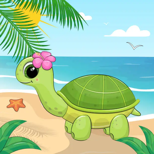 Vector illustration of Cute cartoon green turtle with tropical flower on the beach.