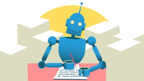 Robot writing a letter vector illustration Robot writing a letter among giant stacks of paper. Artifical intelligence technologies concept. Flat vector illustration. cartoon robot images stock illustrations