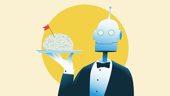 Robot waiter holding human brain on a tray. Danger of artifical intelligence tecnologies concept. Vector illustration.