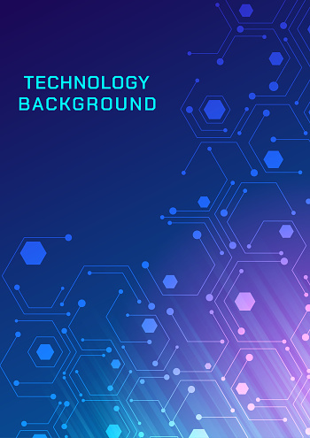 Abstract technology background vertical lines and dots with hexagon space on top left glowing square pink and blue light gradient background