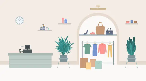 Vector illustration of Fashion Boutique Interior With Hanging Clothes, Shoes, Bags And Beauty Products