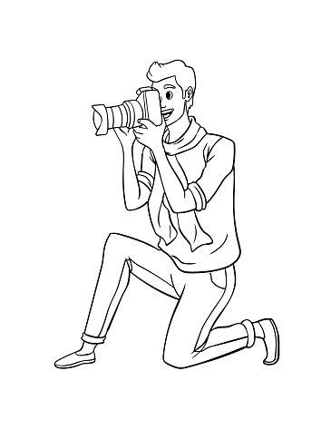 A cute and funny coloring page of a Photographer. Provides hours of coloring fun for children. Color, this page is very easy. Suitable for little kids and toddlers.