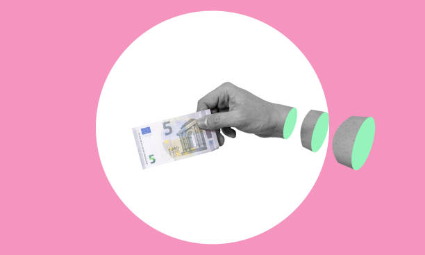 istock Art collage, hands with money, with five euros on a pink background. 1481620729