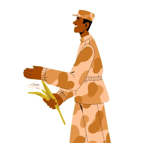 Vector illustration of Happy African-American soldier holding flowers in hand for peace and victory celebration. Smiling peaceful army serviceman celebrating. Flat graphic vector illustration isolated on white background