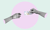 Art collage, hands with money, hands with euros reaching for money.