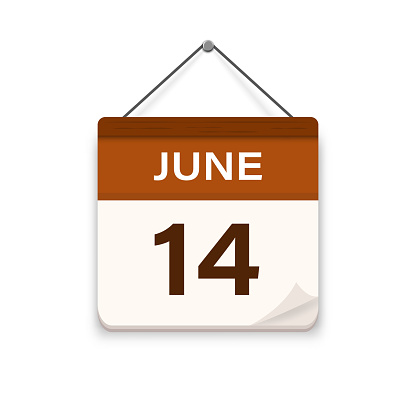 Day, month. Meeting appointment time. June 14, Calendar icon with shadow.
