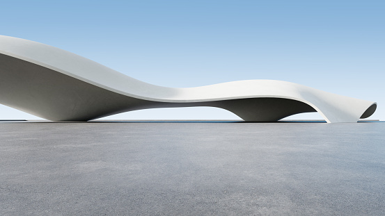 Render 3D de arquitectura futurista abstracta con piso de concreto vacío. photo