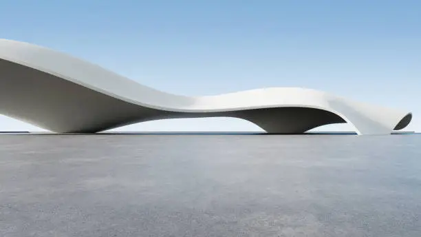Photo of 3d render of abstract futuristic architecture with empty concrete floor.