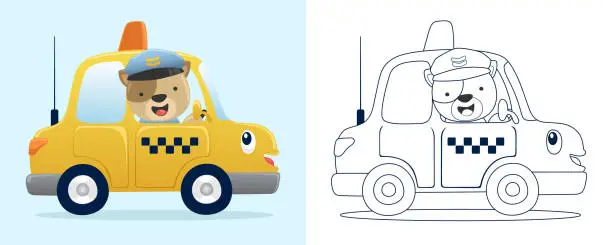 Vector illustration of Vector illustration of cartoon funny cat driving taxi. Coloring book or page for kids