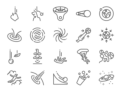 Gravity icon set. It included heavy, falling, fly, Anti-gravity, non-gravitational, and more icons.