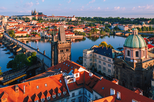 Aerial view of Charles bridge during sunrise in Prague Czech Republic