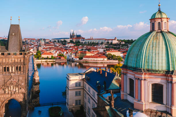 Aerial view of Old town bridge tower with Prague cityscape during sunset Czech Republic Aerial view of Old town bridge tower with Prague cityscape during sunset Czech Republic old town bridge tower stock pictures, royalty-free photos & images