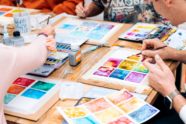 istock Watercolor Painting Workshop. Paint shop work table. 1481632322
