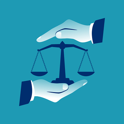 Weight scales justice hold in hand judge. Civil rights. Law and justice concept. Vector abstract illustration flat design. Isolated on background. Legal services.