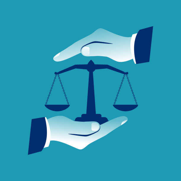 Weight scales justice hold in hand judge. Civil rights. Vector Weight scales justice hold in hand judge. Civil rights. Law and justice concept. Vector abstract illustration flat design. Isolated on background. Legal services. judgement free stock illustrations
