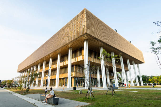 Tainan, Taiwan- November 20, 2022: Low-angle view of Tainan Main Public Library in Taiwan.
