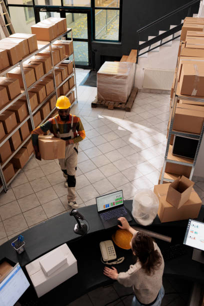 istock Top view of diverse employee working at products delivery 1481636247