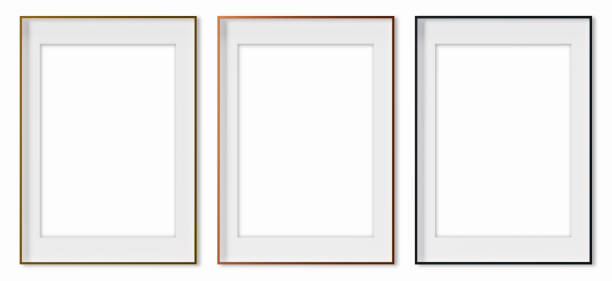 istock Set of vertical picture frames, isolated on white background. Golden, copper and black frames with passepartout. Template, mock up for your picture, poster, artwork presentation. 3d render. 1481636516