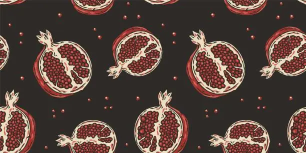 Vector illustration of Pomegranate exotic fruit seamless pattern. Vector eco organic nature ingredient for food market